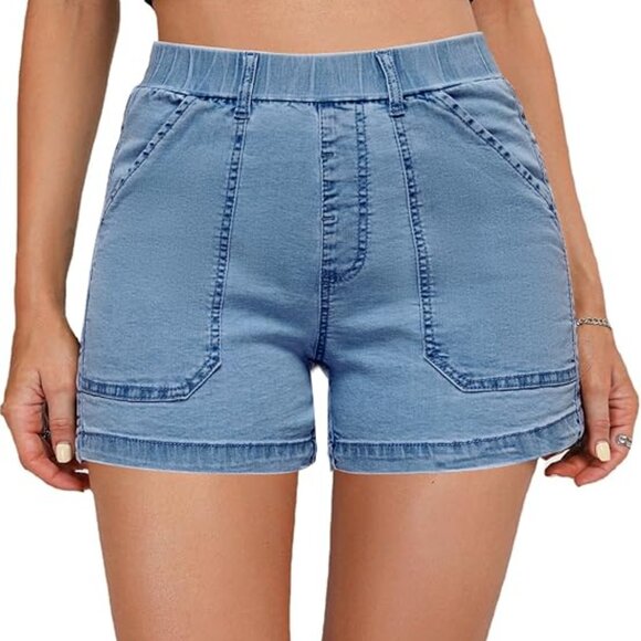 high waisted stretch waistband shorts Elastic Waist High Waisted Stretch Jean Shorts Women's Stretch Twill Shorts  High Waisted Inch Inseam Elastic